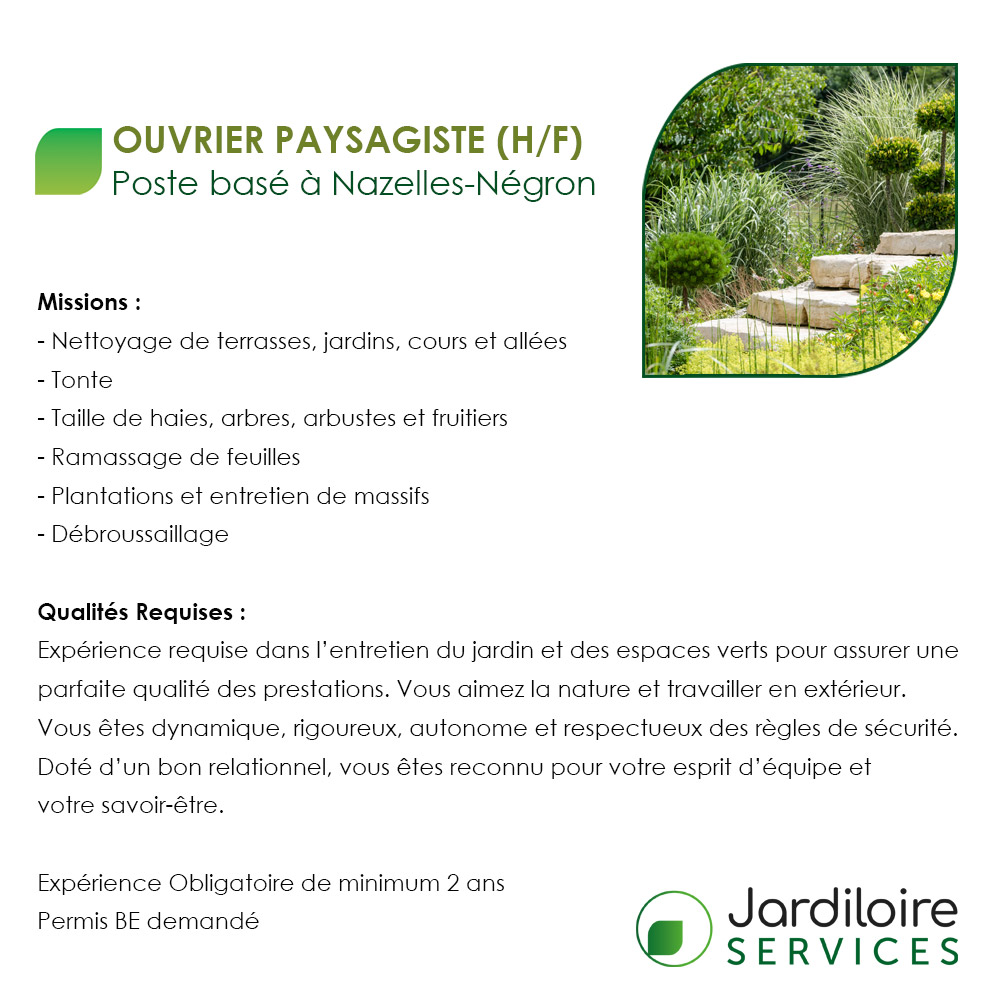 Recrutement ouvrier paysagiste - Jardiloire Services
